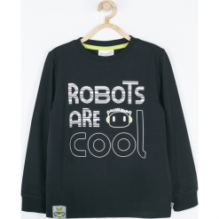 Koszulka. Czarne t-shirty chłopięce z długim rękawem marki COOL ROBOTS, z nadrukiem, z elastanu. Za 45,90 zł.