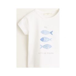 Mango Kids - Top dziecięcy Pesca 62-80 cm. Białe bluzki dziewczęce Mango Kids, z nadrukiem, z bawełny, z okrągłym kołnierzem, z krótkim rękawem, krótkie, bez kaptura. Za 35,90 zł.