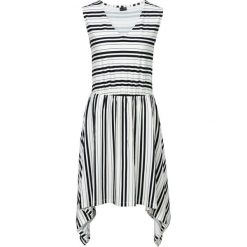 Sukienka shirtowa z symetrycznym dołem bonprix biało-czarny w paski. Białe sukienki damskie bonprix, w paski, z dekoltem w serek, bez rękawów, asymetryczne. Za 49,99 zł.