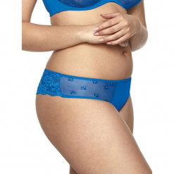 Stringi "Marion" w kolorze niebieskim. Niebieskie stringi Kinga, xs, w koronkowe wzory, z koronki. W wyprzedaży za 34,95 zł.