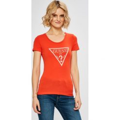 Guess Jeans - Top. Szare topy damskie marki Guess Jeans, s, z nadrukiem, z elastanu, z okrągłym kołnierzem. W wyprzedaży za 139,90 zł.