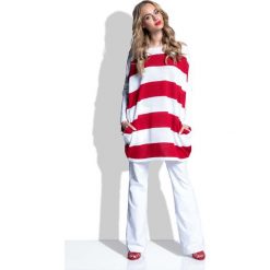 Bluzki, topy, tuniki: Czerwona Tunika Swetrowa Oversize w Pasy