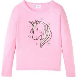 Sweter dzianinowy z bawełny, z motywem jednorożca bonprix jasnoróżowy kryształowy. Różowe swetry dziewczęce bonprix, z aplikacjami, z bawełny, z okrągłym kołnierzem, bez rękawów, długie, bez kaptura. Za 54,99 zł.