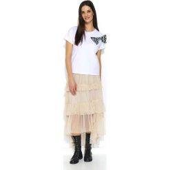 Biały T--shirt z Motywem Zwierzęcym z Kokardką. Białe bluzki damskie Molly.pl, s, bez wzorów, z bawełny, z okrągłym kołnierzem. Za 117,90 zł.