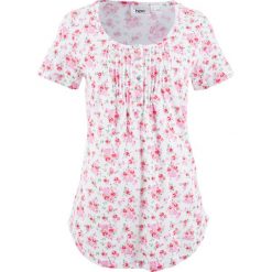 Shirt "henley", krótki rękaw bonprix biały w kwiaty. Białe koszulki damskie bonprix, w kwiaty, bez kołnierzyka, z krótkim rękawem. Za 44,99 zł.