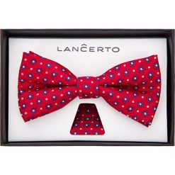 Mucha Czerwona w Granatowe Kwiatki. Czerwone muszki męskie LANCERTO, na studniówkę, w kwiaty, z dzianiny, eleganckie. Za 79,90 zł.