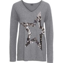 Sweter z gwiazdą z cekinów bonprix ciemnoszary. Szare swetry damskie bonprix, z aplikacjami, z długim rękawem, długie, bez kaptura. Za 44,99 zł.