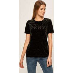 Dkny - T-shirt. Czarne bluzki damskie DKNY, s, z aplikacjami, z elastanu, z okrągłym kołnierzem, z krótkim rękawem. Za 299,90 zł.