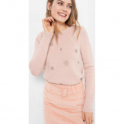 Sweter z aplikacją 3D. Pomarańczowe bez kategorii Orsay, na zimę, xs, z dzianiny, z okrągłym kołnierzem. Za 119,99 zł.