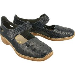RIEKER 41337-14 blue, półbuty letnie damskie. Niebieskie półbuty damskie Rieker, na lato, bez wzorów, ze skóry, bez obcasa, bez zapięcia. Za 249,90 zł.