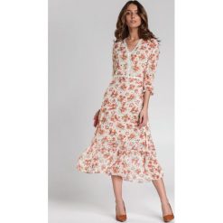 Kremowa Sukienka Abbott. Brązowe sukienki damskie Renee, s, w kwiaty, z koronki, boho, z dekoltem na plecach, bez rękawów, midi, rozkloszowane. Za 109,99 zł.