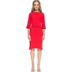 Czerwona Elegancka Bluzka z Falbankami przy Rękawach. Czerwone bluzki damskie marki Molly.pl, s, bez wzorów, z jeansu, eleganckie, z klasycznym kołnierzykiem, z długim rękawem. Za 78,90 zł.