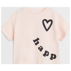 Mango Kids - T-shirt Happy 116-164 cm (2-pack). Różowe bluzki dziewczęce Mango Kids, z nadrukiem, z bawełny, z okrągłym kołnierzem, z krótkim rękawem, krótkie, bez kaptura. Za 59,90 zł.