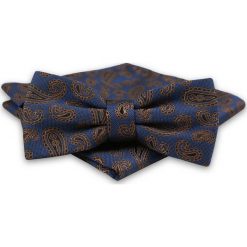 Granatowa Mucha Męska -ALTIES- z Taką Samą Poszetką, w Brązowy Wzór Paisley MUALTS0651. Pomarańczowe muszki męskie Alties, na imprezę, w paski, eleganckie. Za 40,00 zł.