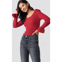 Trendyol Sweter z dekoltem v - Red. Szare swetry klasyczne damskie marki Vila, l, z bawełny, z okrągłym kołnierzem. Za 80,95 zł.