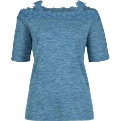 Shirt cold-shoulder z koronką bonprix niebieski dżins melanżowy. Niebieskie koszulki damskie bonprix, w koronkowe wzory, z koronki, bez kołnierzyka, bez rękawów. Za 59,99 zł.