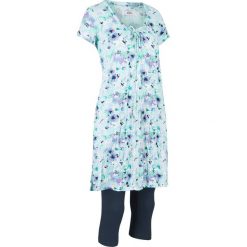 Długa tunika z kreszowanego materiału + legginsy 3/4 bonprix ciemnoniebiesko-jasnoniebieski w kwiaty. Niebieskie tuniki damskie bonprix, w kwiaty. Za 109,99 zł.