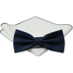 Stylowa mucha z poszetką - Chattier, Męska - Granatowa z Fakturą w Kratkę MUCH0333. Niebieskie muszki męskie Chattier, na imprezę, w paski, eleganckie. Za 44,00 zł.