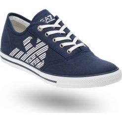 Granatowe tenisówki unisex EA7 z nadrukiem. Trampki męskie EA7 Emporio Armani, z nadrukiem, wizytowe, bez zapięcia. Za 529,00 zł.