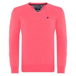 Sweter w kolorze koralowym. Różowe swetry męskie Denim Culture, s, z haftami, z bawełny, bez kołnierzyka, bez kaptura. W wyprzedaży za 114,95 zł.