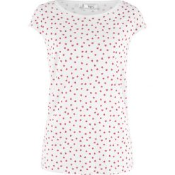 Shirt z minirękawkami bonprix biały z nadrukiem. Białe koszulki damskie marki bonprix, z nadrukiem, bez kołnierzyka, bez rękawów. Za 44,99 zł.