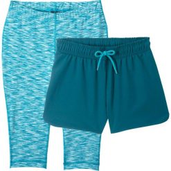 Spodenki sportowe + legginsy rybaczki (2 części) bonprix niebieskozielony morski-ciemnoturkusowy. Niebieskie spodnie dziewczęce bonprix, bez wzorów, sportowe. Za 74,99 zł.
