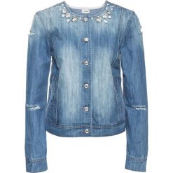 Kurtka dżinsowa z kamieniami bonprix niebieski "medium denim". Niebieskie kurtki damskie marki bonprix, bez wzorów, z denimu, bez kaptura. Za 189,99 zł.