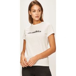 Karl Lagerfeld - T-shirt. Szare bluzki damskie KARL LAGERFELD, s, z nadrukiem, z bawełny, z okrągłym kołnierzem. W wyprzedaży za 229,90 zł.