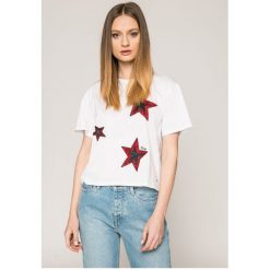 Tommy Hilfiger - Top. Białe bluzki nietoperze marki TOMMY HILFIGER, s, z nadrukiem, z bawełny, z okrągłym kołnierzem. W wyprzedaży za 159,90 zł.