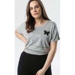 Szara Bluzka Lenecia. Szare bluzki damskie Born2be, xl, w paski, klasyczne, z okrągłym kołnierzem, z krótkim rękawem. Za 49,99 zł.