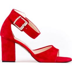 Sandałki na słupku - skóra naturalna - model 348 - kolor czerwony nubuk. Czerwone sandały damskie Zapato, bez wzorów, ze skóry, bez obcasa, na słupku, bez zapięcia. W wyprzedaży za 216,75 zł.