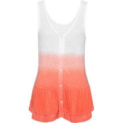 Top "ombre" z cekinami i guzikami bonprix biało-pomarańczowy. Białe bluzki damskie bonprix, bez wzorów, bez kołnierzyka. Za 79,99 zł.