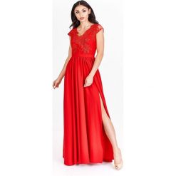 Sukienka maxi z koronkowym gorsetem i ażurowymi półrękawkami. Sukienki damskie Made in Poland, bez wzorów, z elastanu, bez kołnierzyka, bez rękawów, maxi, gorsetowe. Za 349,00 zł.