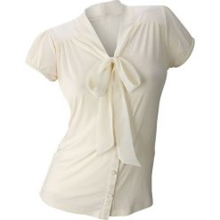 Bluzka shirtowa bonprix kremowy. Białe bluzki damskie bonprix, bez wzorów, z szyfonu, eleganckie, bez kołnierzyka, bez rękawów. Za 84,99 zł.
