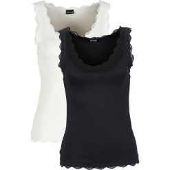Top z koronką (2 szt.) bonprix czarny + biel wełny. Czarne bluzki damskie bonprix, w koronkowe wzory, z wełny, bez kołnierzyka, bez rękawów. Za 75,98 zł.