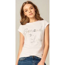 T-shirty damskie: Bawełniana koszulka ze zdobionym napisem – Biały