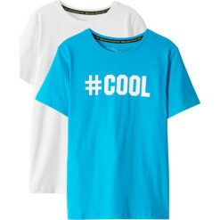 T-shirt (2 szt.) bonprix turkusowy z nadrukiem + biały. Niebieskie koszule chłopięce bonprix, z nadrukiem, bez kołnierzyka, bez rękawów. Za 33,98 zł.