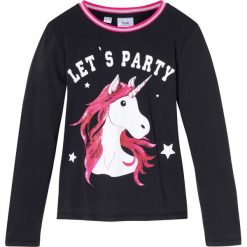 Shirt dziewczęcy z długim rękawem bonprix czarny. Czarne bluzki dziewczęce bonprix, z nadrukiem, z bawełny, bez kołnierzyka, z długim rękawem, długie, bez kaptura. Za 32,99 zł.