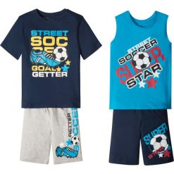 Koszulka + koszulka bez rękawów + bermudy (4 części) bonprix ciemnoniebiesko-turkusowo-szary z nadrukiem. Niebieskie t-shirty chłopięce marki bonprix, z nadrukiem, z krótkim rękawem. Za 79,99 zł.