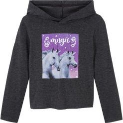 Shirt z długim rękawem, kapturem i nadrukiem z motywem jednorożca bonprix antracytowy melanż. Szare bluzki dziewczęce bonprix, z nadrukiem, z kapturem, z długim rękawem, długie. Za 34,99 zł.