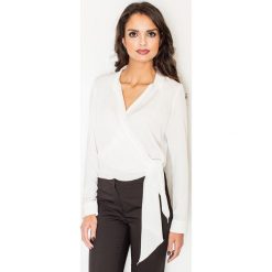Ecru Elegancka Bluzka z Kopertowym Założeniem. Szare bluzki damskie marki Molly.pl, xl, z tkaniny, eleganckie, z klasycznym kołnierzykiem, z długim rękawem. Za 102,90 zł.