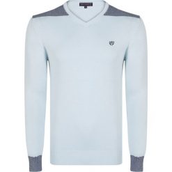 FELIX HARDY sweter męski XXL jasnoniebieski. Niebieskie swetry męskie Felix Hardy, xxl, z aplikacjami, bez kołnierzyka, bez kaptura. Za 169,00 zł.