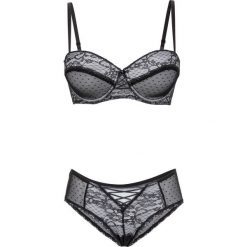 Biustonosz bardotka + figi hipster (2 części) bonprix czarno-biały. Czarne figi damskie bonprix, w koronkowe wzory, z koronki. Za 74,99 zł.