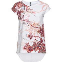 Shirt bonprix biało-jasnoróżowy wzorzysty. Białe koszulki damskie bonprix, z nadrukiem, bez kołnierzyka, z krótkim rękawem. Za 54,99 zł.