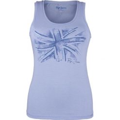Bokserka Pepe Jeans Christie Blue. Niebieskie bluzki damskie Pepe Jeans, z aplikacjami, z jeansu, bez kołnierzyka, bez rękawów. Za 49,00 zł.