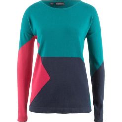 Swetry klasyczne damskie: Sweter patchworkowy bonprix kobaltowy turkusowy wzorzysty