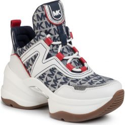 Sneakersy MICHAEL MICHAEL KORS - Olympia Trainer 43R0OLFS1Y Ivory/Denim. Białe półbuty damskie MICHAEL Michael Kors, na co dzień, bez wzorów, ze skóry ekologicznej, bez obcasa, na płaskiej podeszwie, bez zapięcia. Za 949,00 zł.