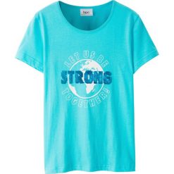 T-shirt z cekinami bonprix morski. Niebieskie bluzki dziewczęce bonprix, z nadrukiem, bez kołnierzyka, z krótkim rękawem, krótkie, bez kaptura. Za 21,99 zł.
