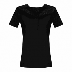 T-shirt w kolorze czarnym. Czarne t-shirty damskie Pinko, m, w koronkowe wzory, z koronki, z okrągłym kołnierzem. W wyprzedaży za 179,95 zł.