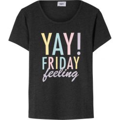 T-shirt bonprix antracytowy melanż. Szare bluzki dziewczęce bonprix, na lato, z nadrukiem, bez kołnierzyka, bez rękawów, bez kaptura. Za 22,99 zł.